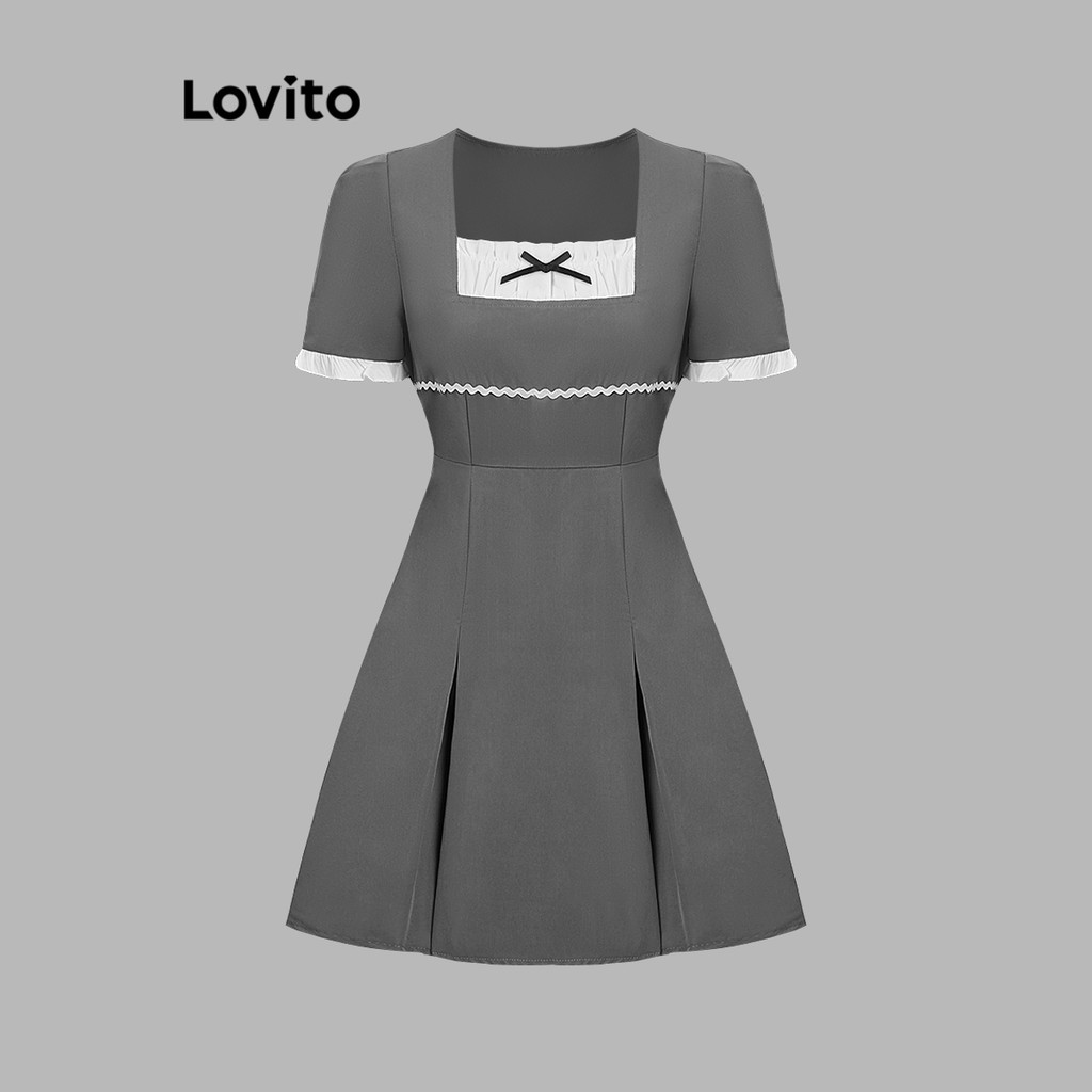 Lovito Vestido elegante de tecido com costura de laço simples para mulheres L117AD260 - Women Clothes