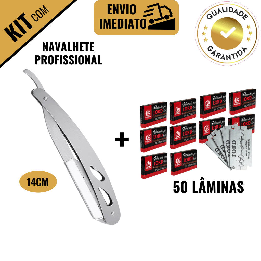 Kit Navalhete Navalha Inox para Barbear Profissional Barbearia com 50 Lâminas LORD PLATINUM Corte de Cabelo Cabeleireiro
