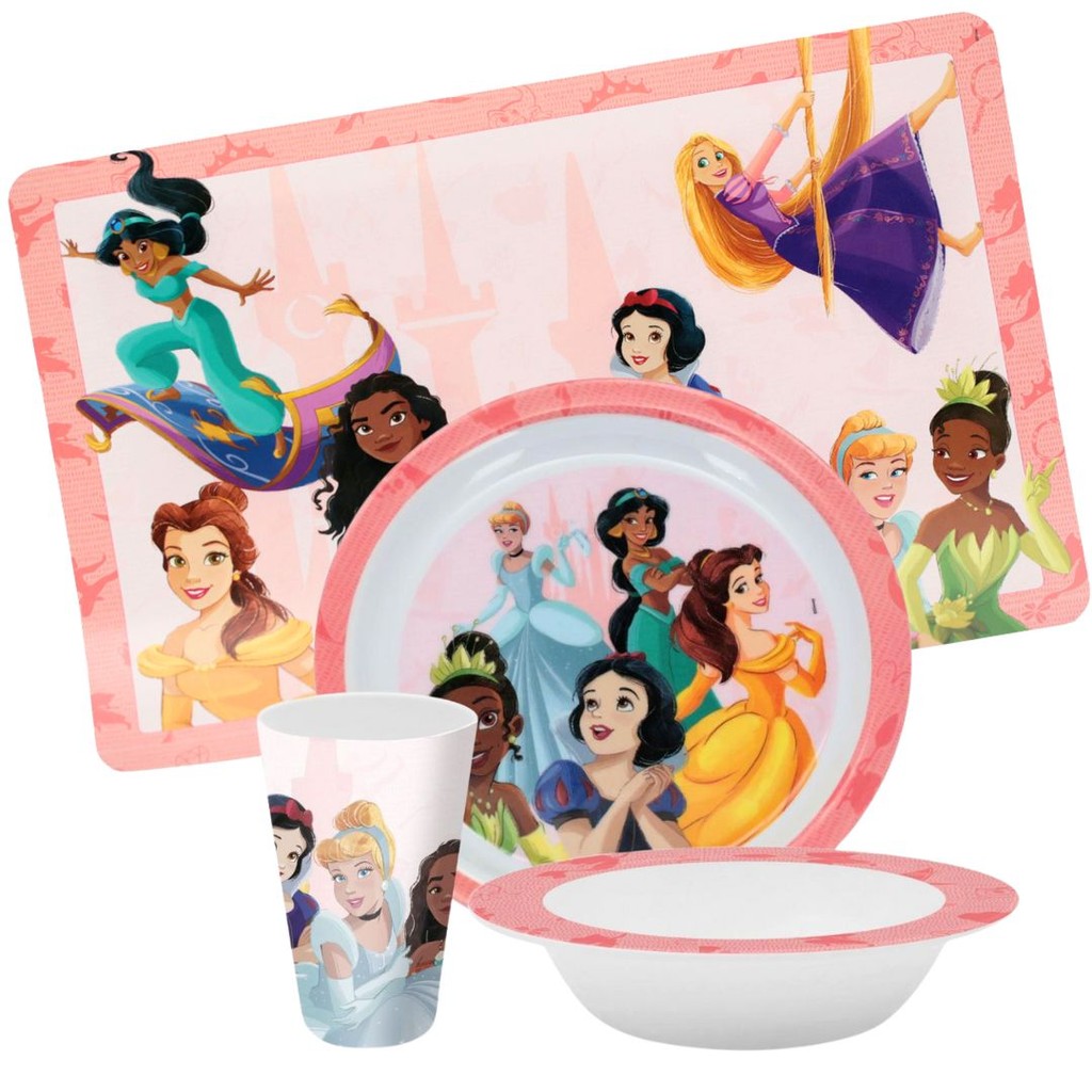 Jogo Refeição Infantil Princesas Disney 4 Peças Prato, Tigela e Copo Melamina - Tuut em Oferta na Shopee