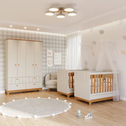 Quarto Bebê Gêmeos com 2 Berços Mini Cama e Guarda Roupa 4 portas Liza Permobili