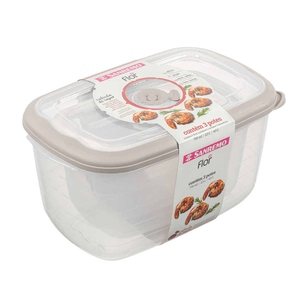 Kit 3 Potes Plásticos Retangulares Herméticos Cappuccino 700ml, 2,3L, 4,6L Flor Sanremo