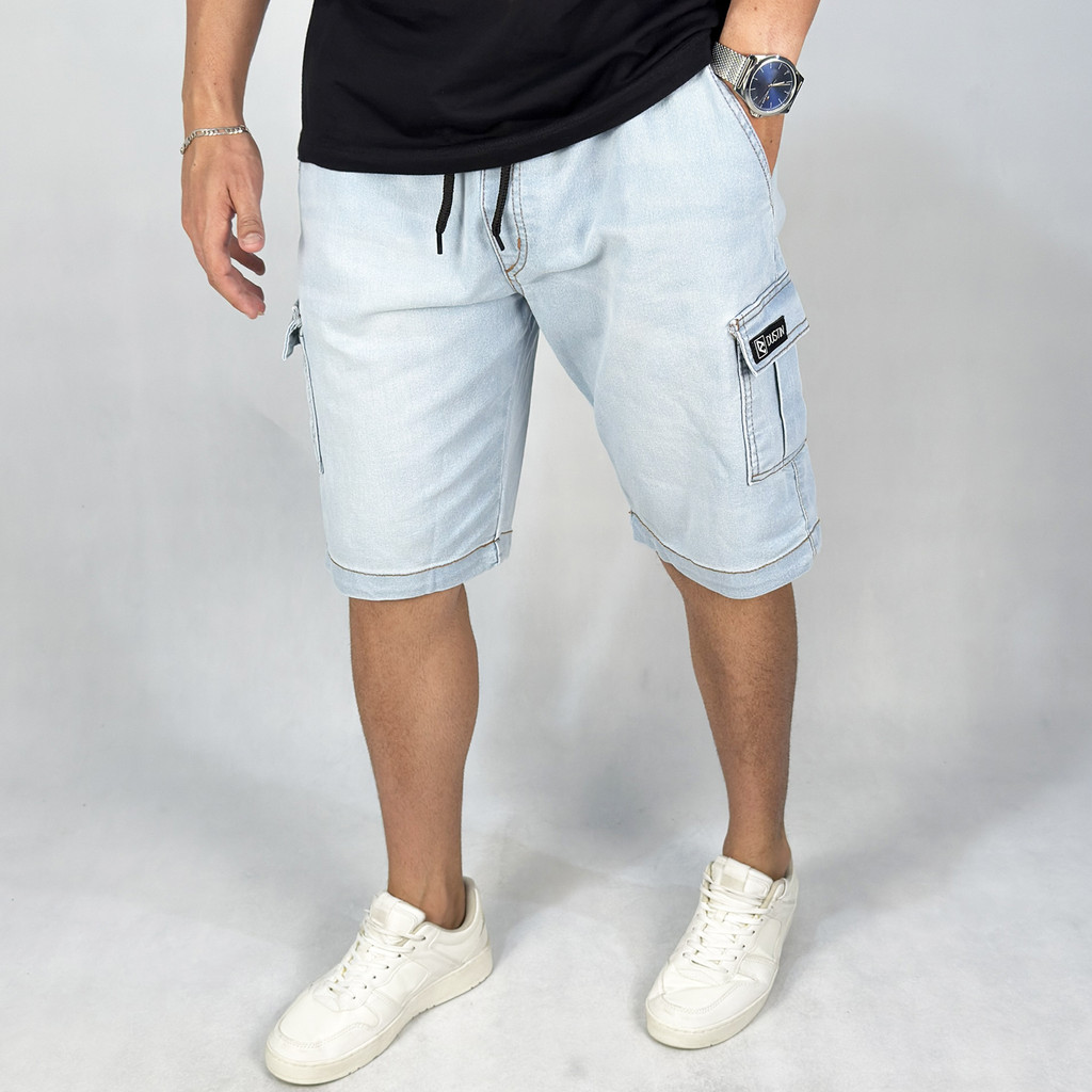 Bermuda Masculina Cargo Sarja Bolsos Premium Elastico Lycra Cordão Elastano Jeans Azul Claro