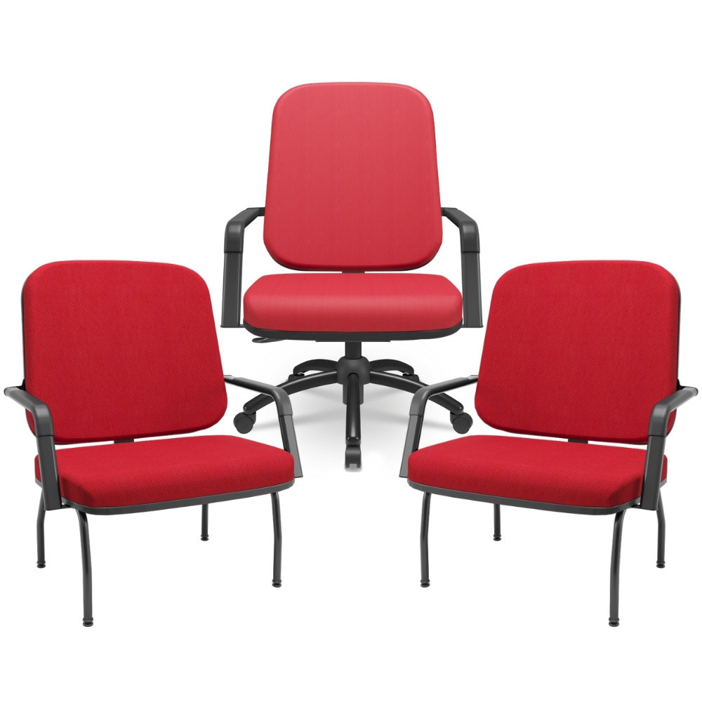 Kit Cadeira de Escritório Giratória e 2 Cadeiras Fixas Preta Magno P03 Crepe Vermelho - Lyam Decor