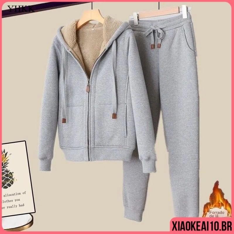 2 Ps Casual Elegante Plus Size Com Capuz/Zyper Feminino Novo Groso Cal a Quente Frio Moda Inverno Adulto ksla