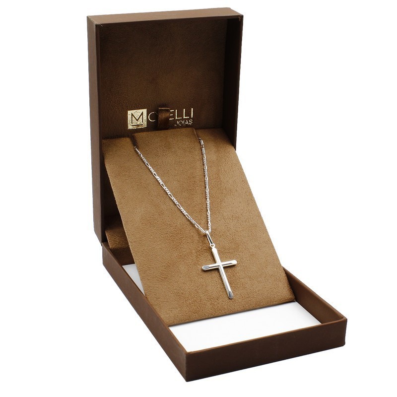 Corrente de prata 925 masculina 70cm 3x1 fígaro pingente crucifixo liso - Fashion Accessories