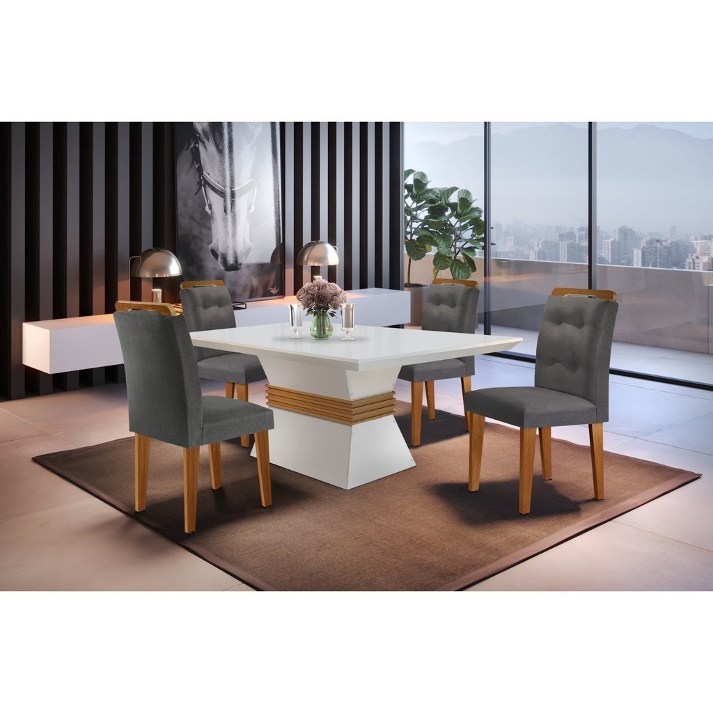 Mesa 120cm Clarice e 4 Cadeiras Valentina  Linho Grafite/Off White/Imbuia - Home & Living