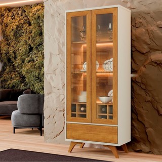Cristaleira Reflecta 100% MDF 2 Portas Pés em Madeira Maciça Mavaular Off White/Naturalle em Oferta na Shopee