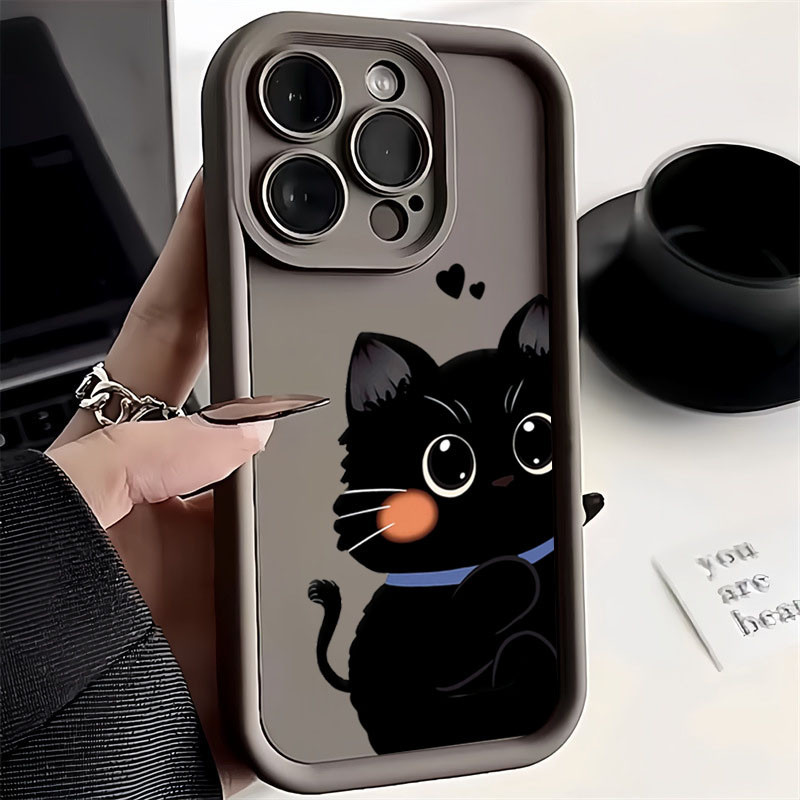 Capa Para Samsung Galaxy A15 A35 A55 A54 A34 A14 A05 A25 A24 A05S A33 A53 A52 A52S A32 A23 A51 A13 Bonito Desenho Animado Gato Preto Tímido Fosco De Silicone À Prova De Choque