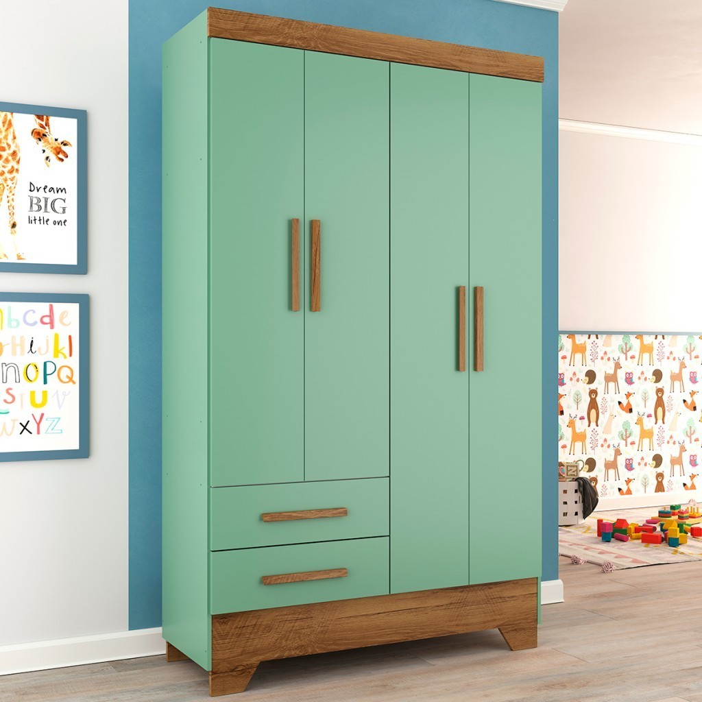 Guarda-Roupa Infantil 4 Portas 2 Gavetas Verde/Nature - Panorama Móveis em Oferta na Shopee