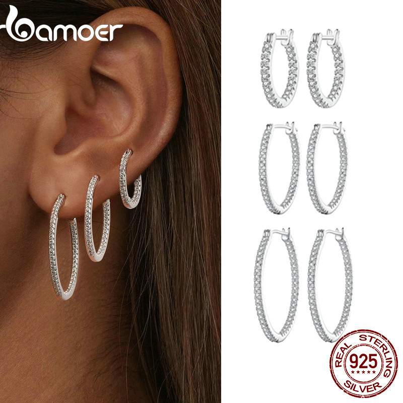 Brincos Bamoer 925 Sterling Sliver Hoop Jóias Brilhantes Para Mulheres em Oferta na Shopee