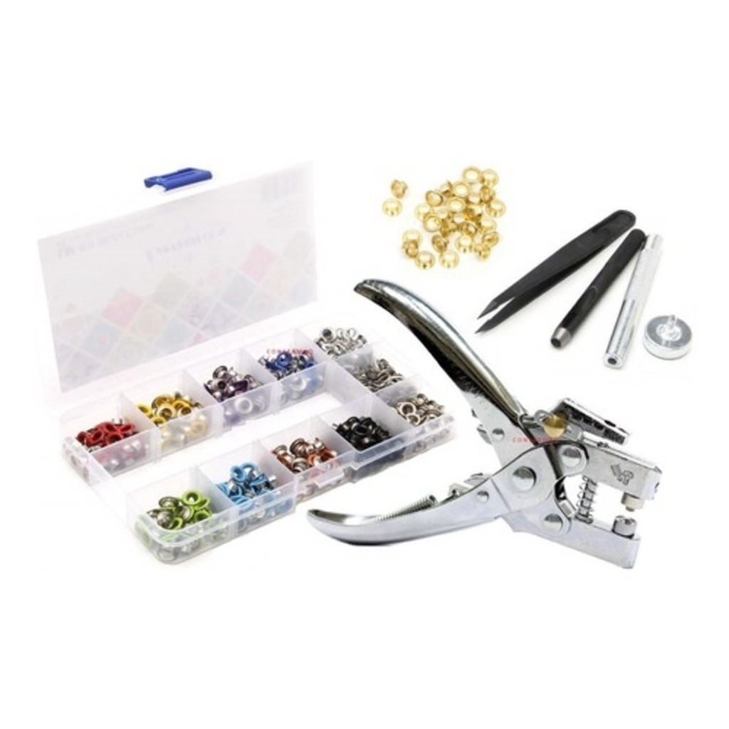 Alicate Ilhós Fura E Aplica + 500 Ilhós Colorido nº 54 + Vazador Para Couro em Oferta na Shopee