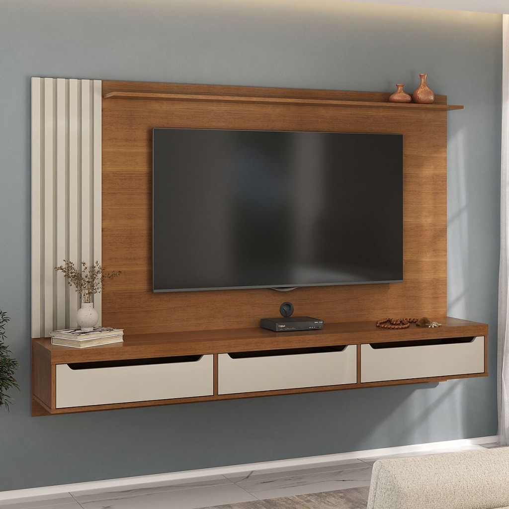 Painel para TV Até 75 Polegadas Luxo 3 Gavetas Cinamomo/Off White - Pnr Móveis em Oferta na Shopee