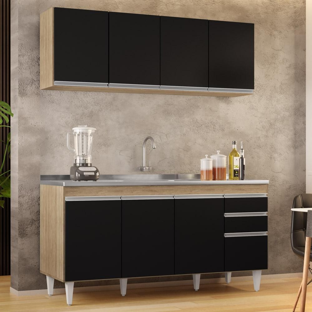 Armário Aéreo Nevada e Balcão Gabinete com Pia 160cm Arkansas Castanho/Preto - Lumil em Oferta na Shopee