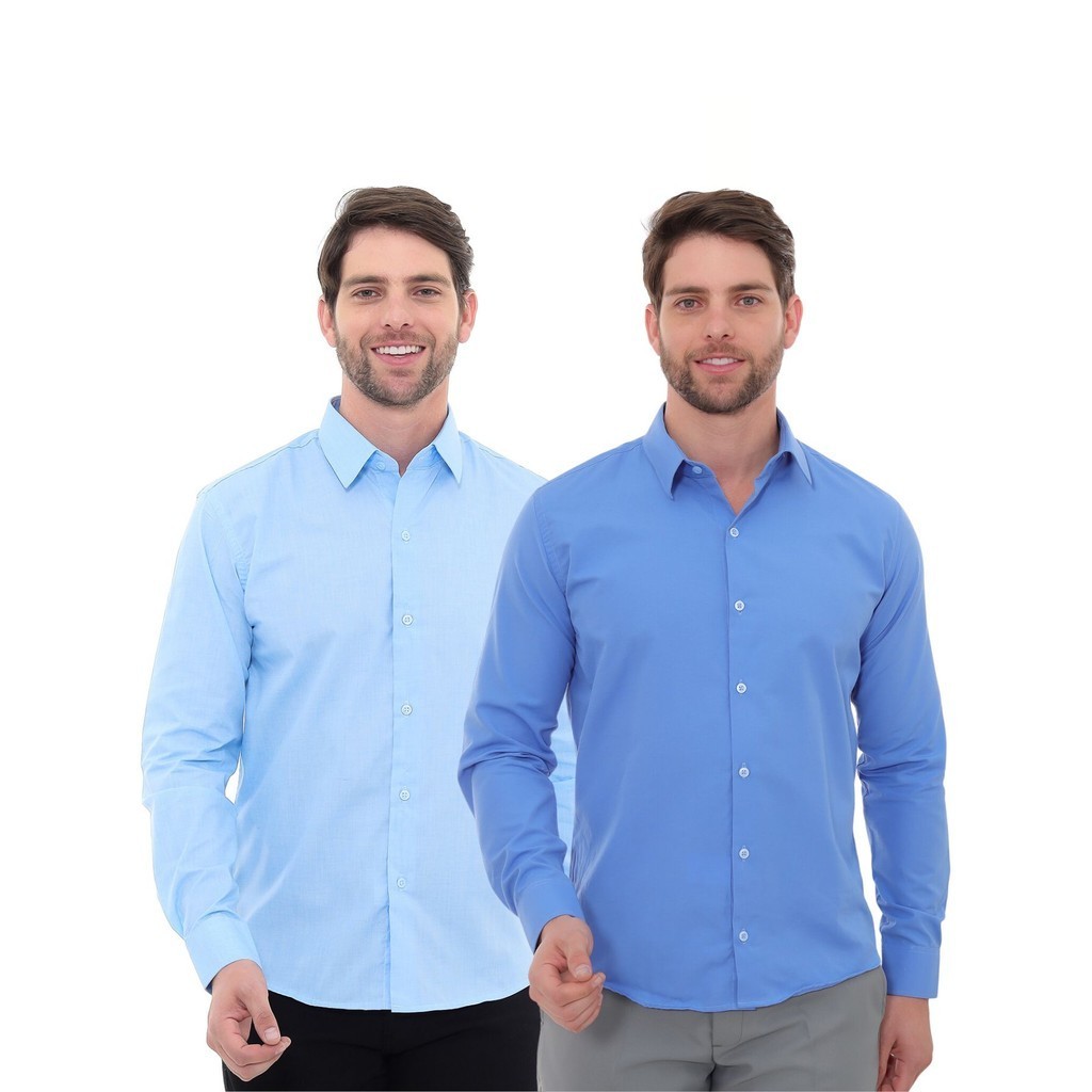 KIT Masculino 2 Peças - Camisa Social Premium Tipo Linho Azul Claro e  Camisa Social Slim Azul