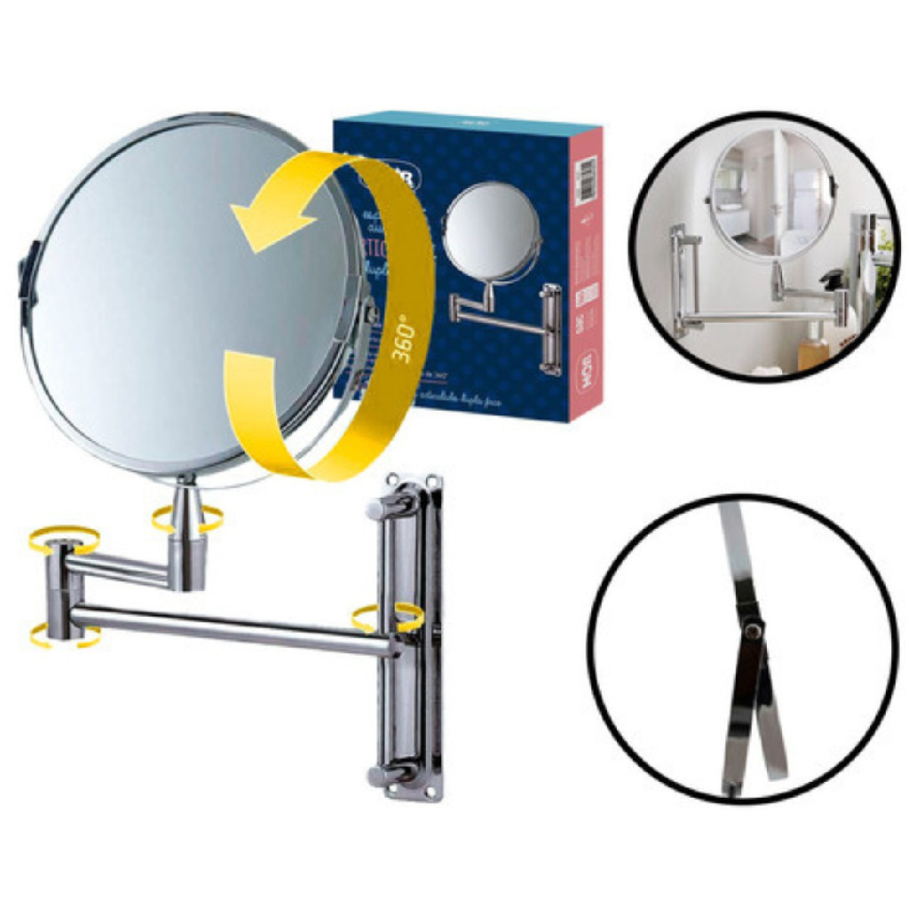 Espelho Articulado Cromado Giratório Dupla Face com Fixador para Parede - Home & Living