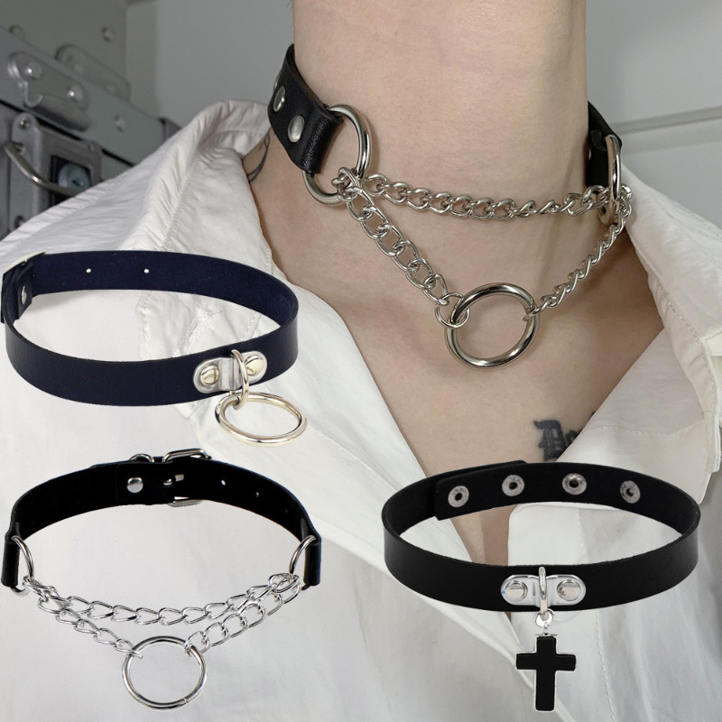 Unisex Gothic Choker Necklaces Góticos Gargantilha Gótica Mulher Homem Colar De Couro Rebite Rock Kpop Punk Black Jewelry