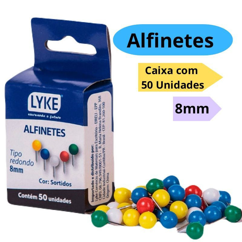 Alfinete Redondo 50 Unidades 8mm Coloridos Alfinetes Pequenos Para Lousa Cortiça Feltro Lyke