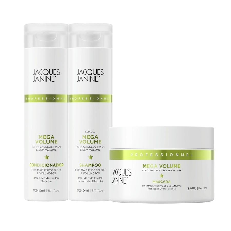 Kit Jacques Janine Mega Volume Shampoo Sem Sal Condicionador Leave-In 240ml Máscara Hidratação 240g