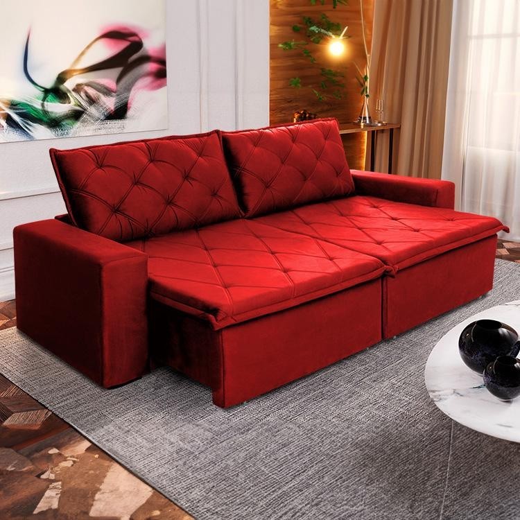 Sofá Cama Bangkok Sem Caixa 2,10m Retrátil e Reclinável Com Molas Velut Vermelho- King House em Oferta na Shopee