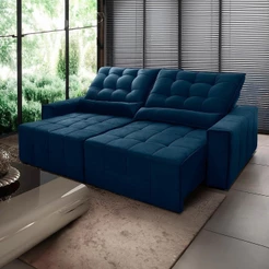 Sofá Retrátil Reclinável Alaska 2,50m Suede Velut Azul Marinho Molas no Assento - King House