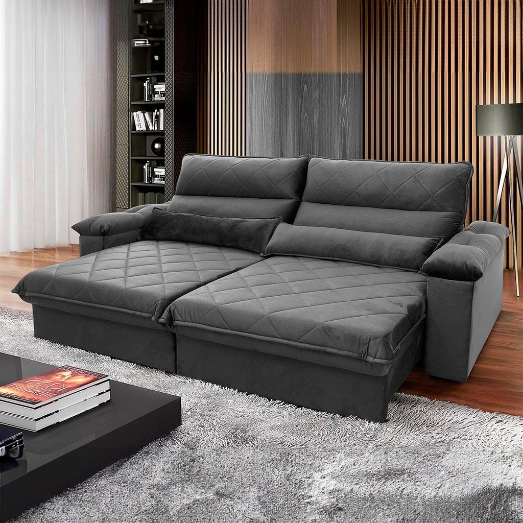 Sofá Retrátil Reclinável Grécia 2,10m Suede Velut Cinza  Molas no Assento - King House - Home & Living