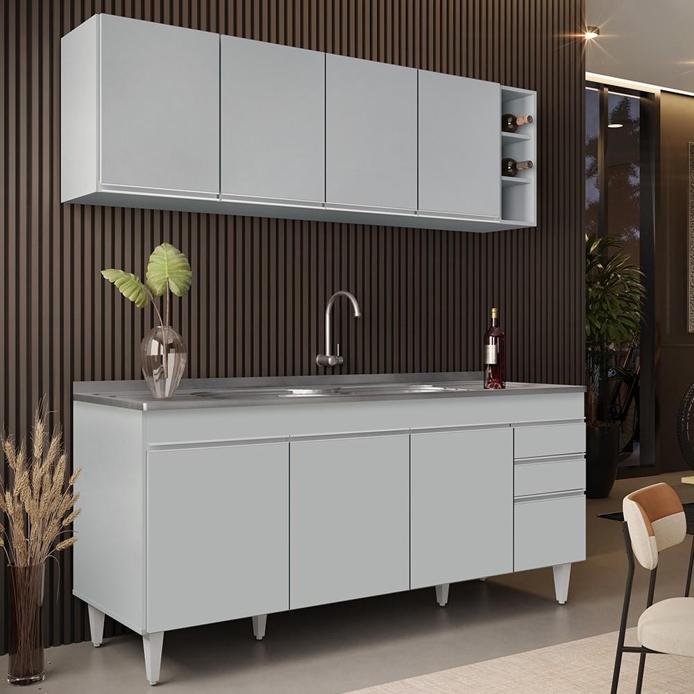 Armário de Cozinha Nevada e Balcão Gabinete 180cm Com Pia Dallas Cinza Claro - Lumil em Oferta na Shopee