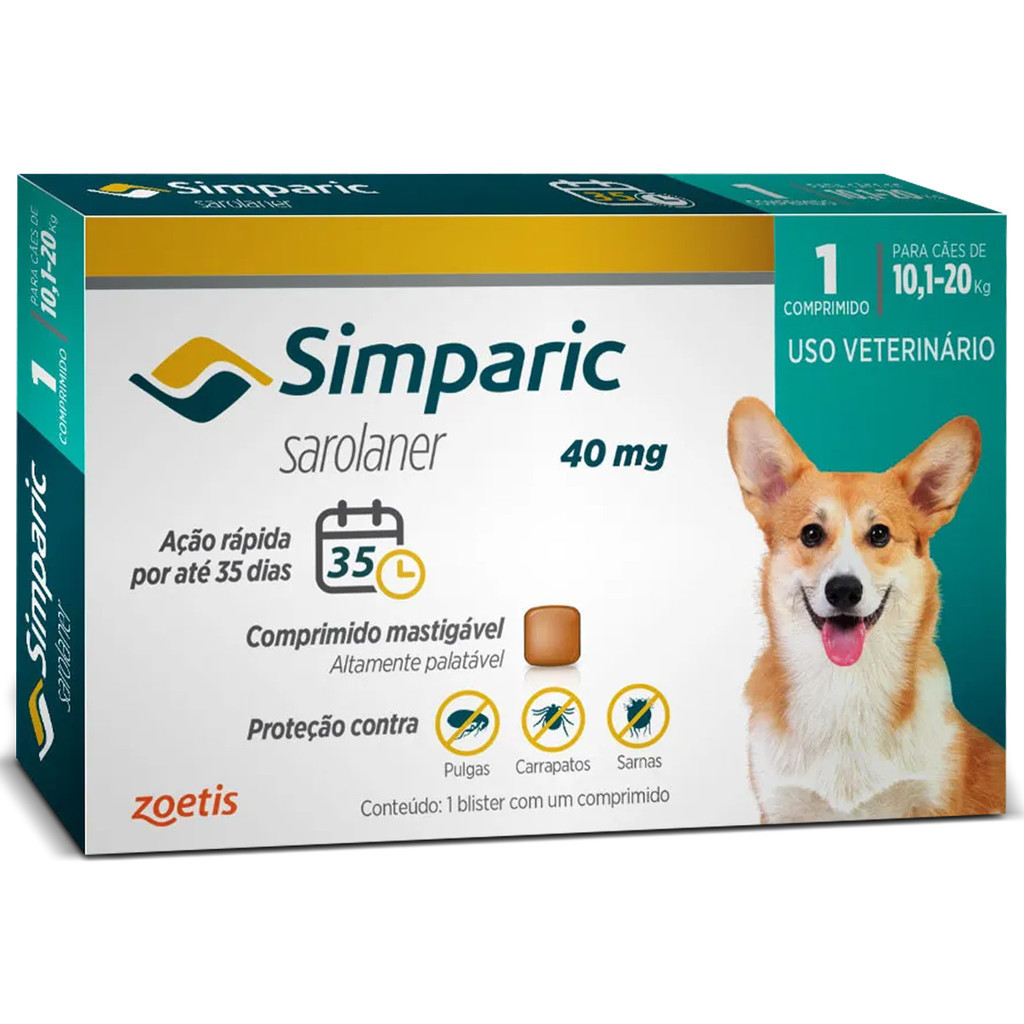 Antipulgas e Carrapatos Simparic 40mg para Cães de 10 a 20kg – 1 Comprimido – Zoetis - Pets