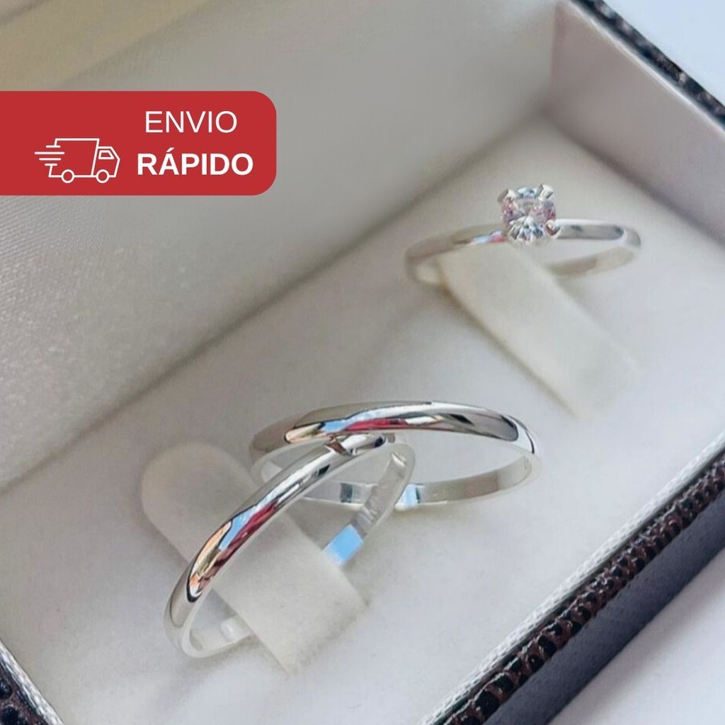Par de Aliança Namoro Prata 3mm Abaulada + Solitário 925 Anel De Compromisso 950 Aço Inoxidável 316L em Oferta na Shopee