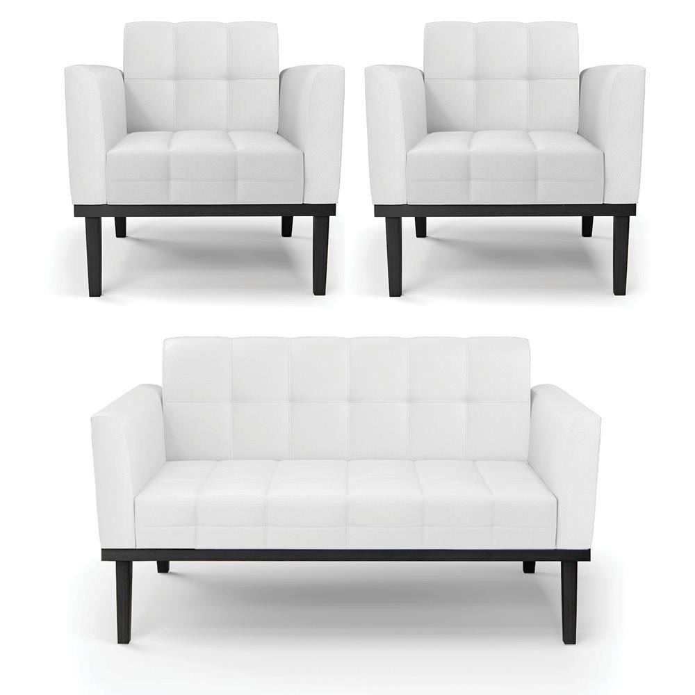 Conjunto 2 Poltronas e 1 Namoradeira Decorativa Karen Pés Fixo em Madeira Preto PU Branco G19 - Gran Belo