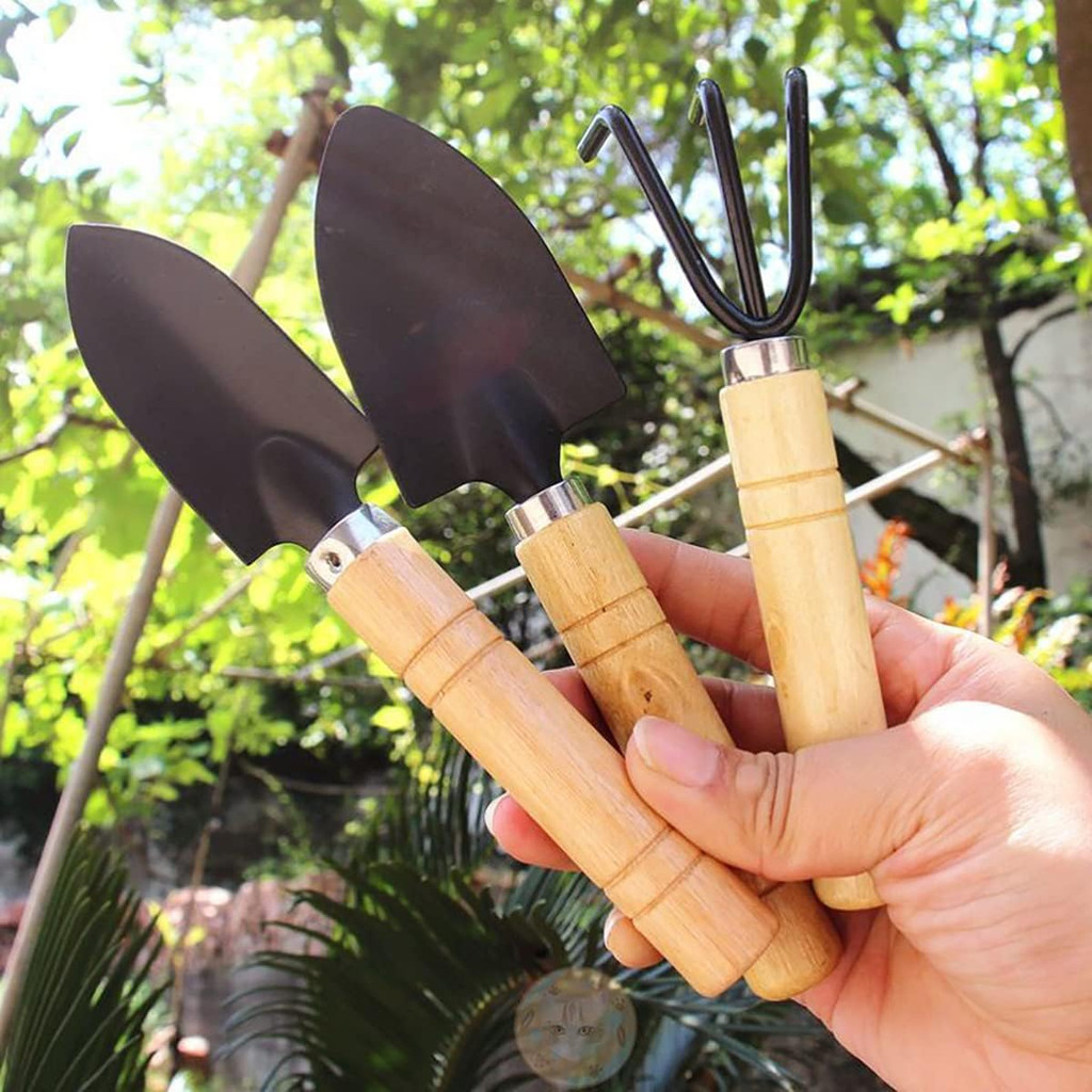 Kit 3 Peças Para Jardinagem Conjunto Mini Ferramentas Madeira Jardim Vaso Planta Presente Dia Das Mães