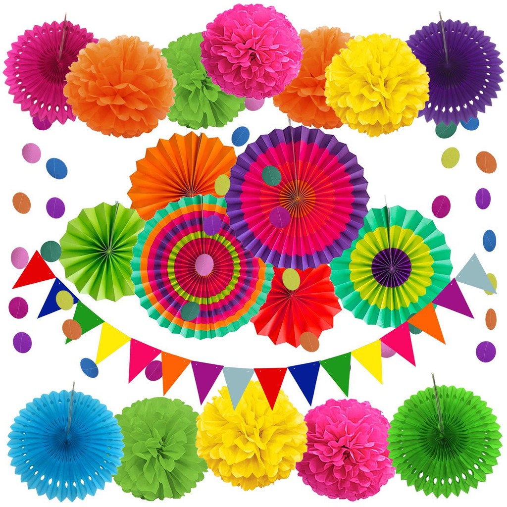 20 Peças De Leques De Papel Suspensos Com Tema Mexicano Colorido , Pompons Arco-Íris , Flâmulas De Seda Fiesta Bunting P