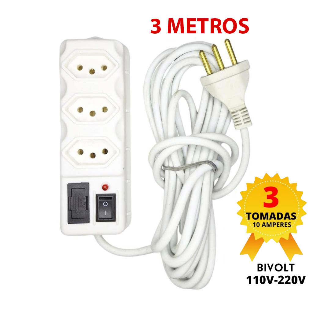 Filtro de Linha Cabo PP 3 Tomadas 3 Metros Branco em Oferta na Shopee