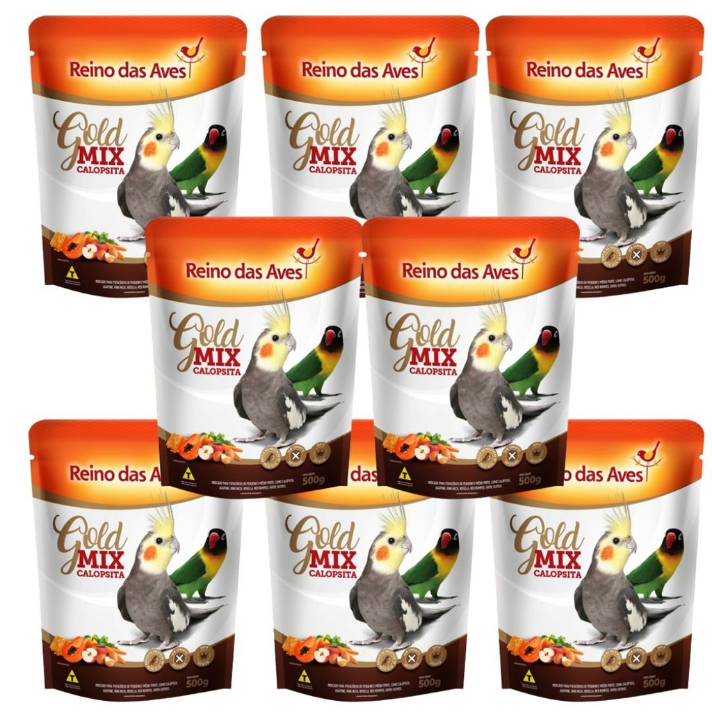 Kit 8 Calopsita Gold Mix Sementes Balanceado Reino Das Aves