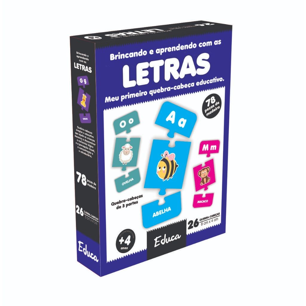 Letras Quebra-cabeça Brinquedo Educativo 78 Peças Madeira Pedagógico Infantil Didático Alfabetização