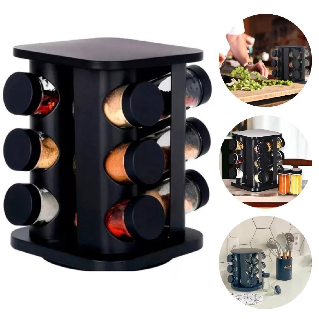 Porta Tempero Condimento 12 Peças Vidro Tampa Dosadora Base Giratoria