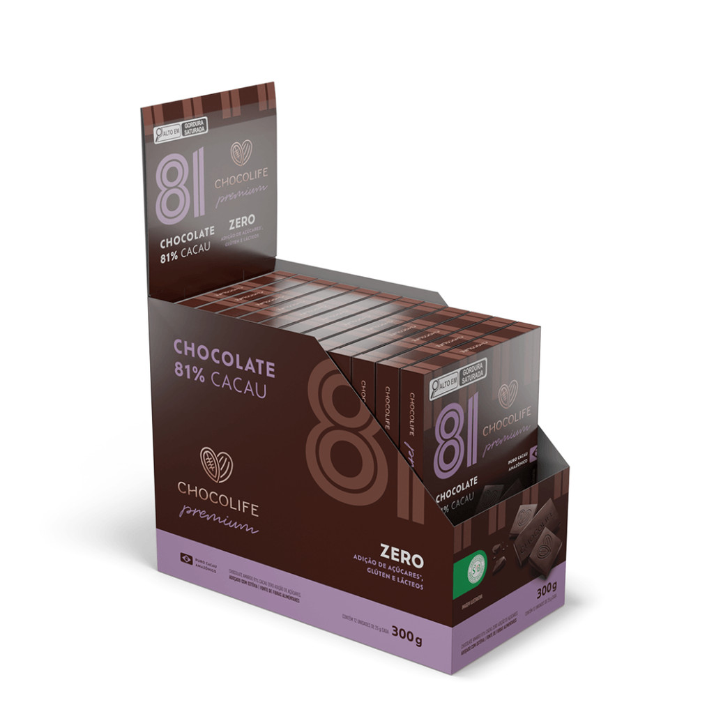 Caixa Tablete Chocolate 80% Cacau Zero Açúcar 300g Chocolife