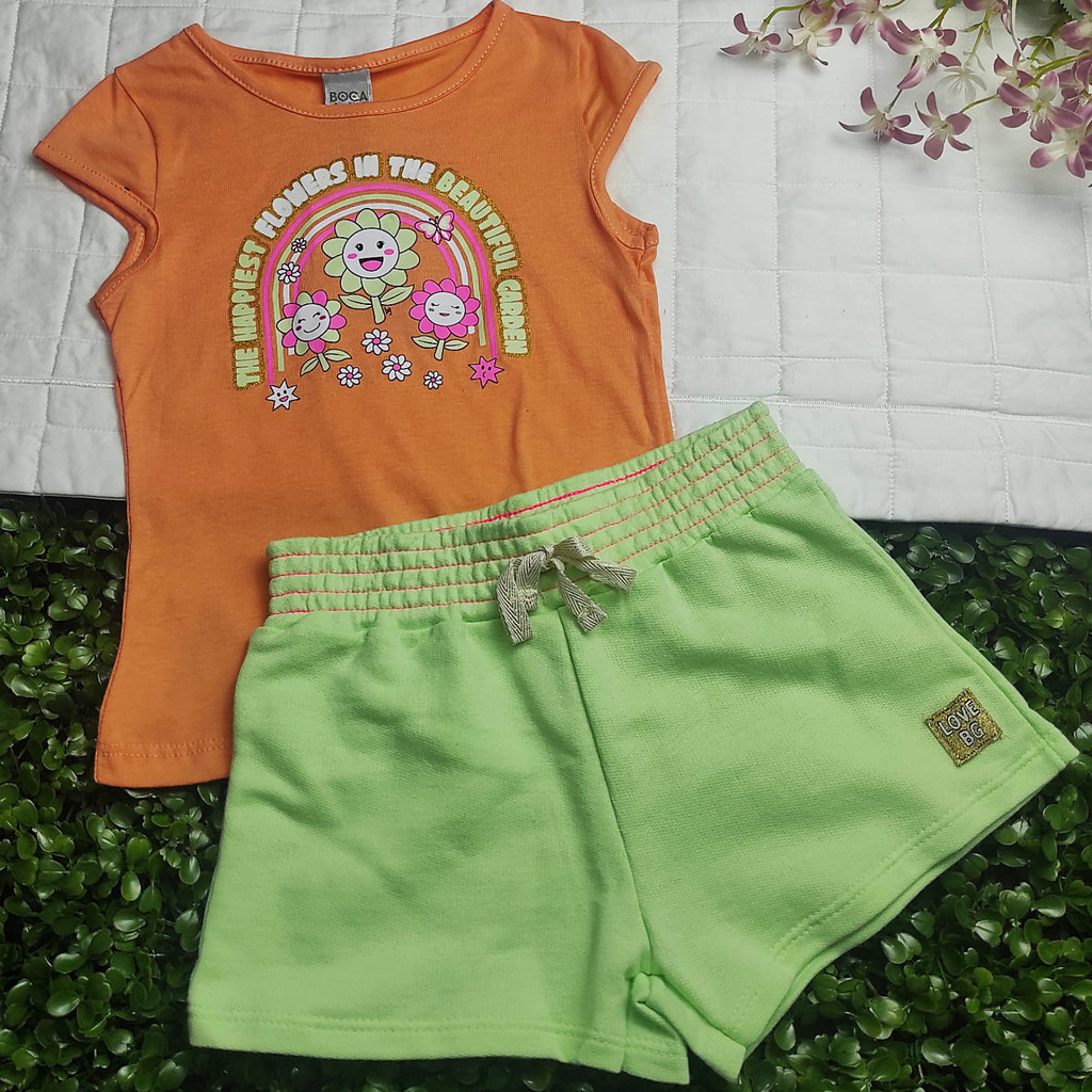 Conjunto Menina Blusinha Regata Laranja Estampa de Flores c/ Shorts Verde  - Boca Grande - Tamanho 03