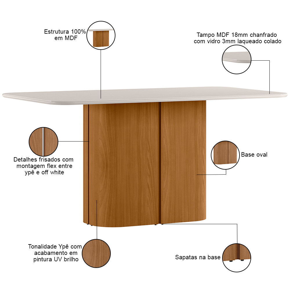 Mesa de Jantar 6 Lugares Retangular Tampo Vidro Verbena N01 Ypê Off White - Lyam Decor — imagem 2 de 2
