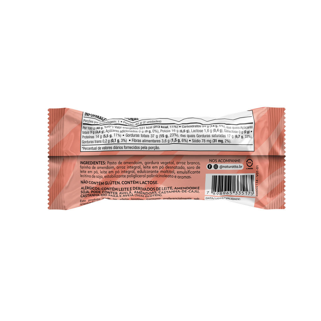 Detalhes do Kit Biscoito Arroz Amendoim Coberto Branco Zero Açúcar Naturatta 40G - 12 Unidades