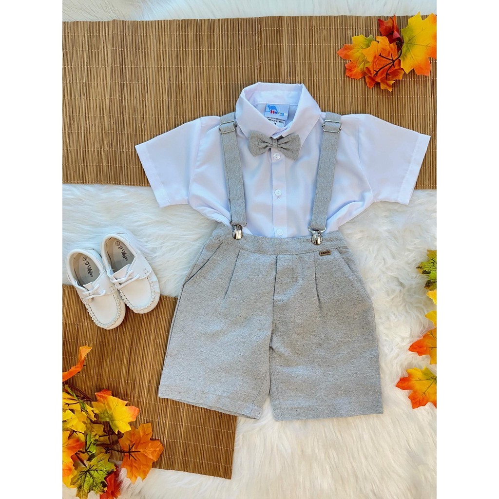 Conjunto Social Pajem Formaturas Camisa Gravata Short e Suspensório Cinza