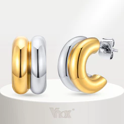 Brincos Vnox Dupla Camada De Ouro Prata Tom Em Forma De C Para Menina Feminina , 18K Aço Inoxidável Ins Fashion Drop Earring