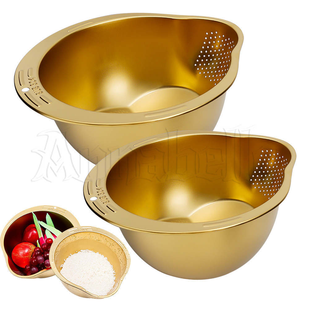 Cesta De Drenagem-De Arroz-Bacia De Lavagem Escoador De Peneira Para De Frutas Vegetais-Com Coador Filtrante-Gadget De Cozinha-Aço Inoxidável , Dourado , Fita