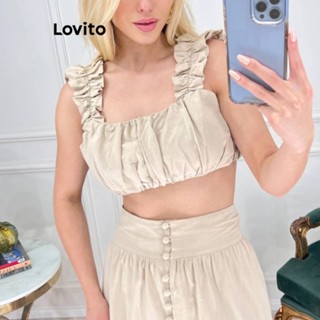 Lovito Casual Regata Feminina Simples de Bainha com Recorte de Alface Plicada LBL07043