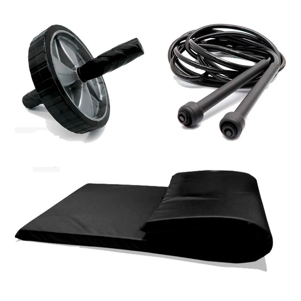 Kit Roda Roda Abdominal + Colchonete + Corda Fitness Para Treino Funcional Emagrecer