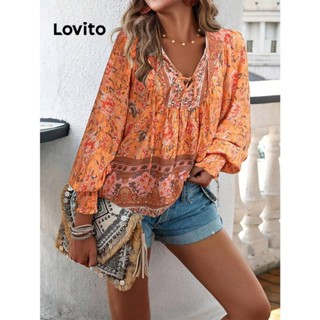 Lovito Blusa Boho Tribal Print Lace Up Padrão Para Mulheres LNL50012