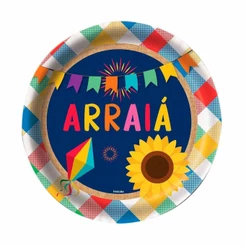 Enfeite Festa Junina de Mesa Kit 8 Pratinhos de Papel Descartável Com Balão e Bandeirinhas de São João