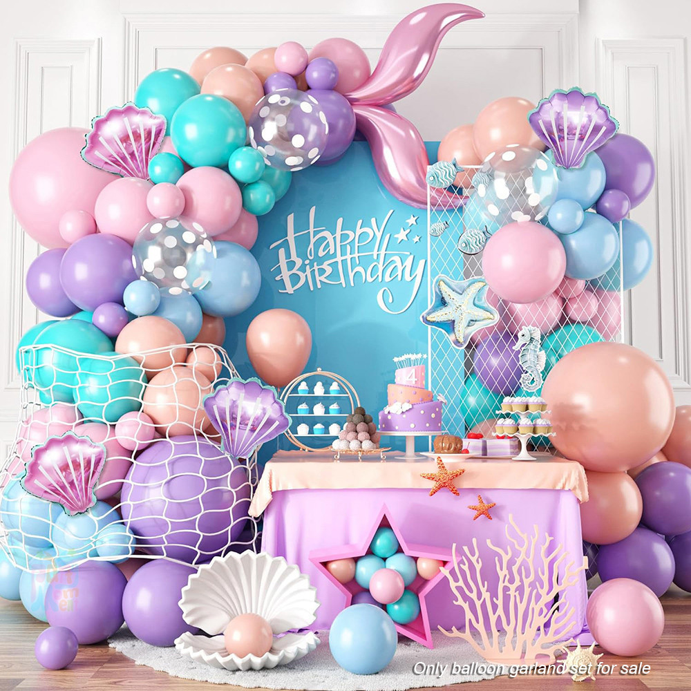 114 Pçs Rosa Sereia Cauda Balão Guirlanda Azul Macaron Roxo Azul Balão Arco para Decorações de Festa de Aniversário da Menina em Oferta na Shopee