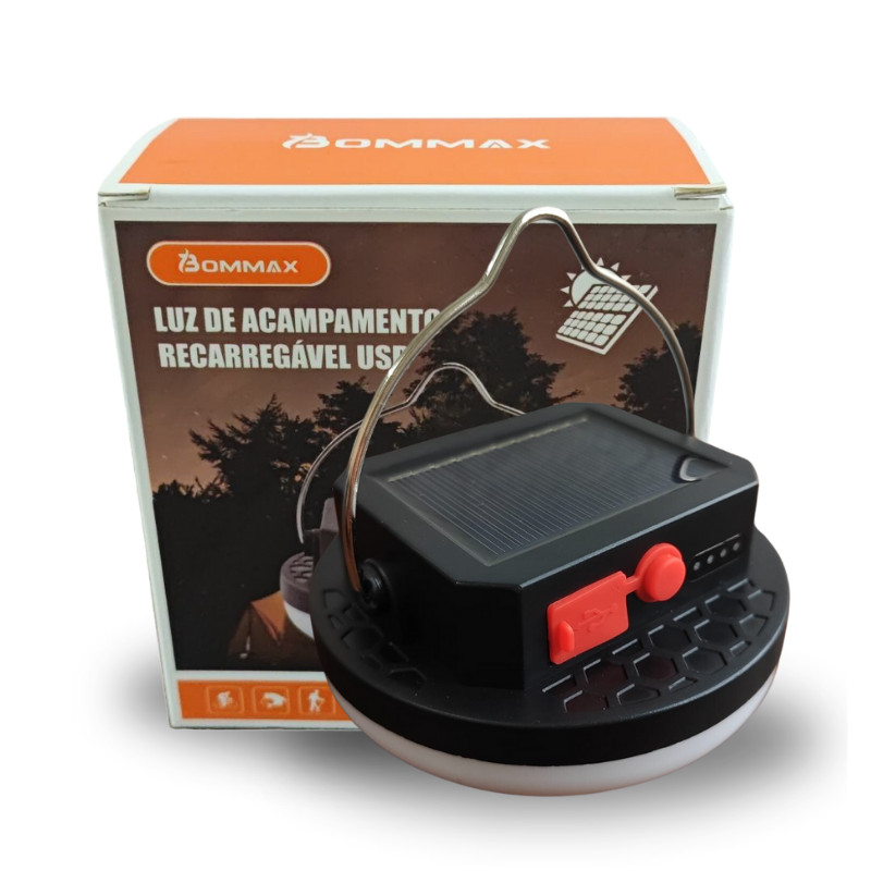 Lampião Led Solar Acampamento e Pesca Recarregável Portátil Camping