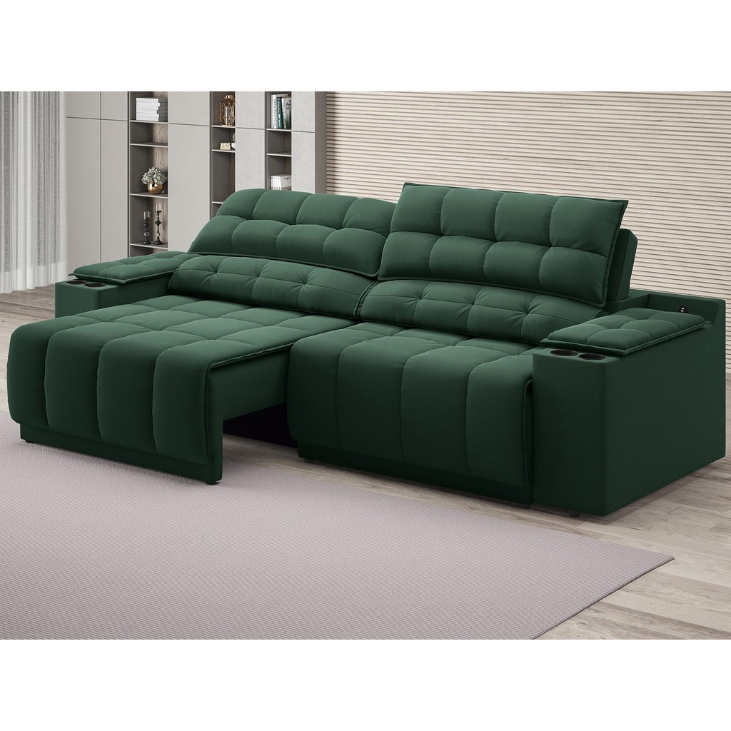 Sofá com Porta Copos Carregador USB Ret Rec Samurai 2,00m Velosuede Verde - NETSOFAS em Oferta na Shopee