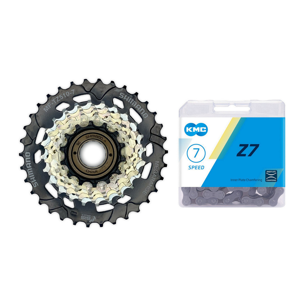 CATRACA / RODA LIVRE SHIMANO TOURNEY MF-TZ510 14/34D MEGARANGE 7V + CORRENTE KMC Z7 CINZA 116 ELOS - P/ CUBO ROSCA em Oferta na Shopee